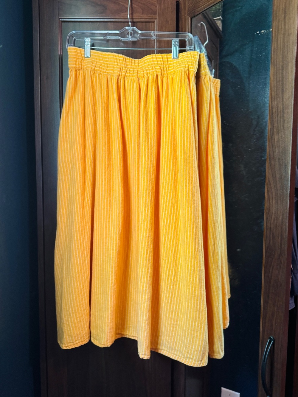 A New Day- Yellow White Striped A-Line Linen Midi Skirt - Picture 4 of 7